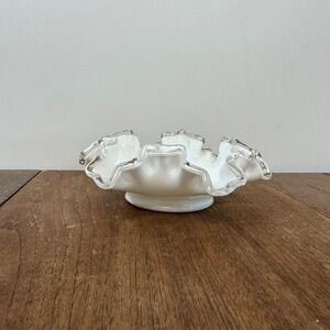 Vintage White Milk Glass Ruffled Edge‎ Pedestal Candy Dish Bowl Decorative